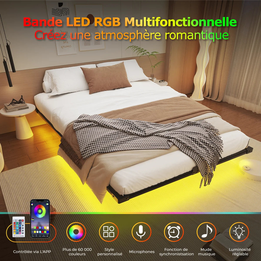 Lit flottant 140 x 190 cm – Structure métal, revêtement tissu