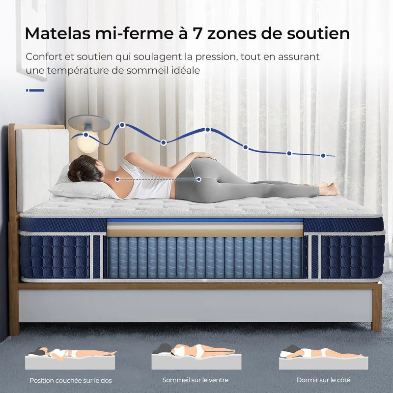 Matelas hybride ressorts ensachés et mémoire de forme 7 zones (30cm)