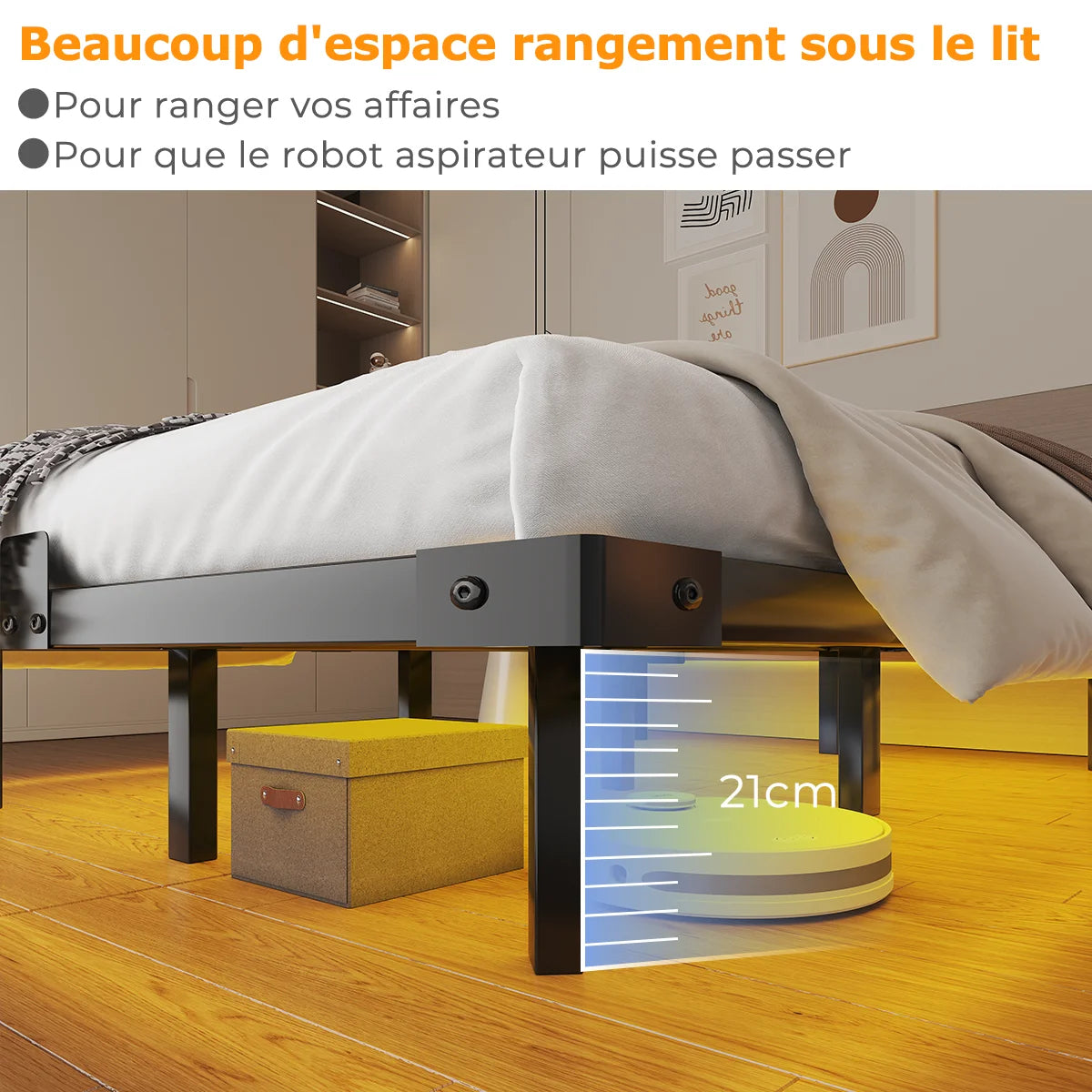 Lit flottant 140 x 190 cm – Structure métal, revêtement tissu