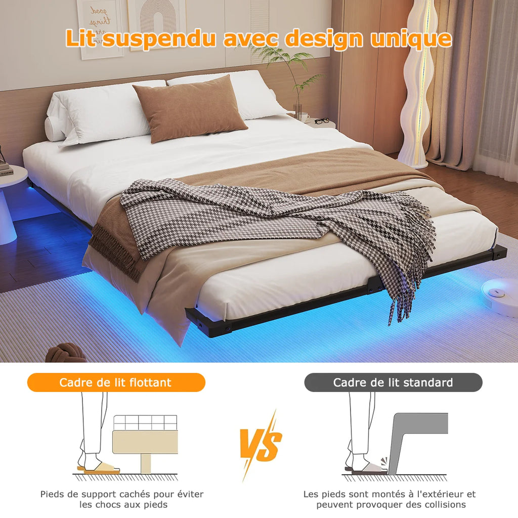 Lit flottant 140 x 190 cm – Structure métal, revêtement tissu
