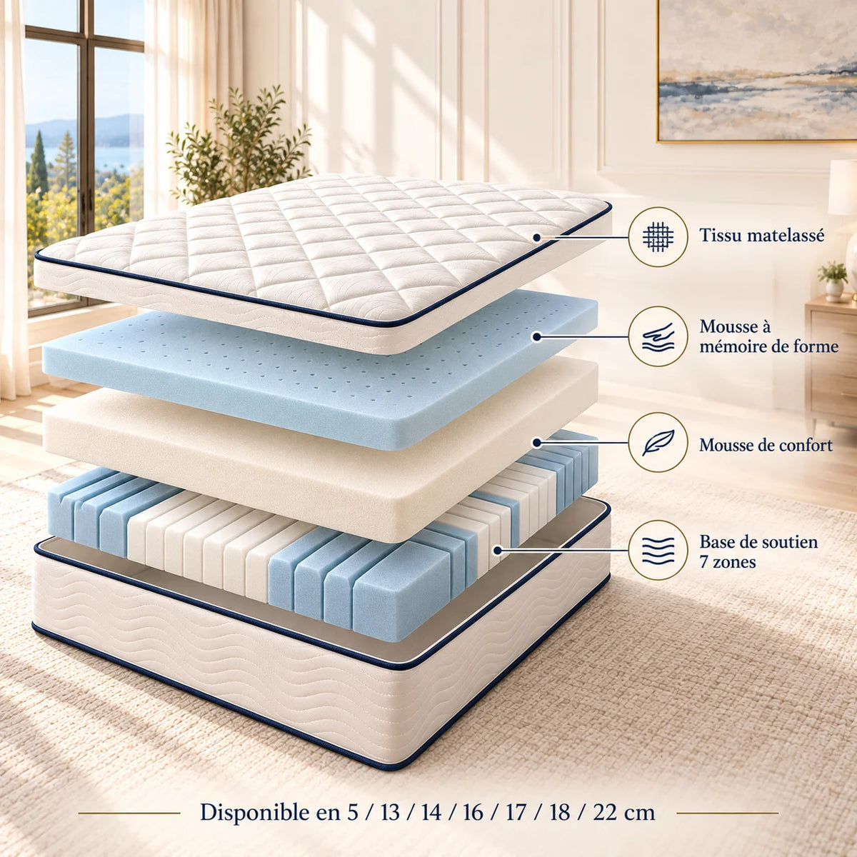 Matelas mémoire de forme 7 zones réversible (13 à 30cm)