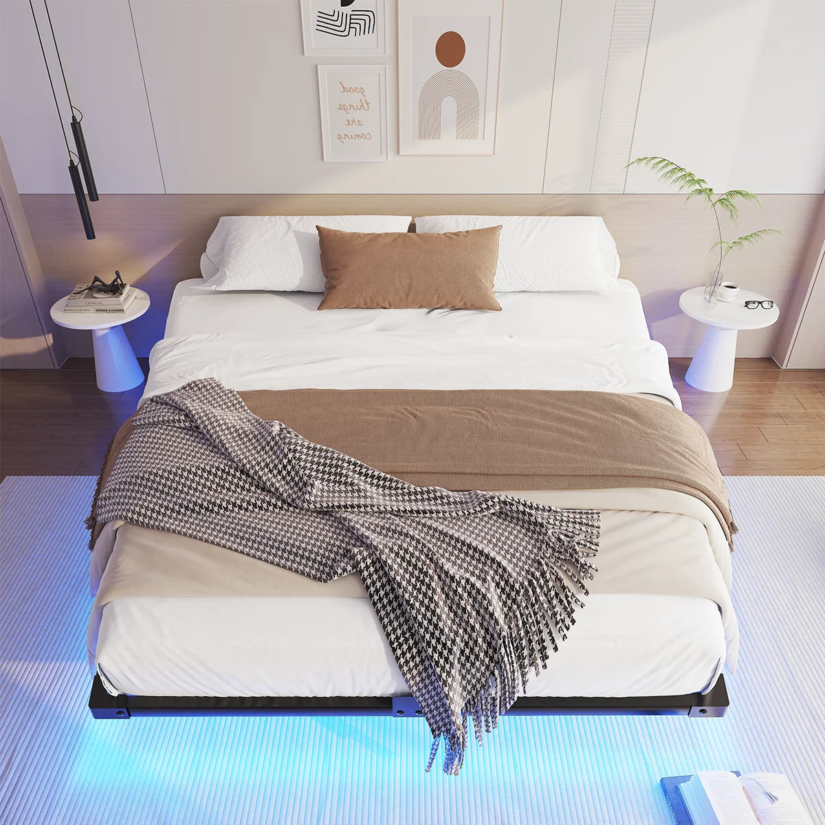 Lit flottant 140 x 190 cm – Structure métal, revêtement tissu