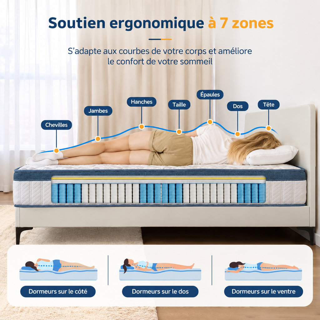 Matelas ressorts ensachés 7 zones – Mousse gel (25cm)