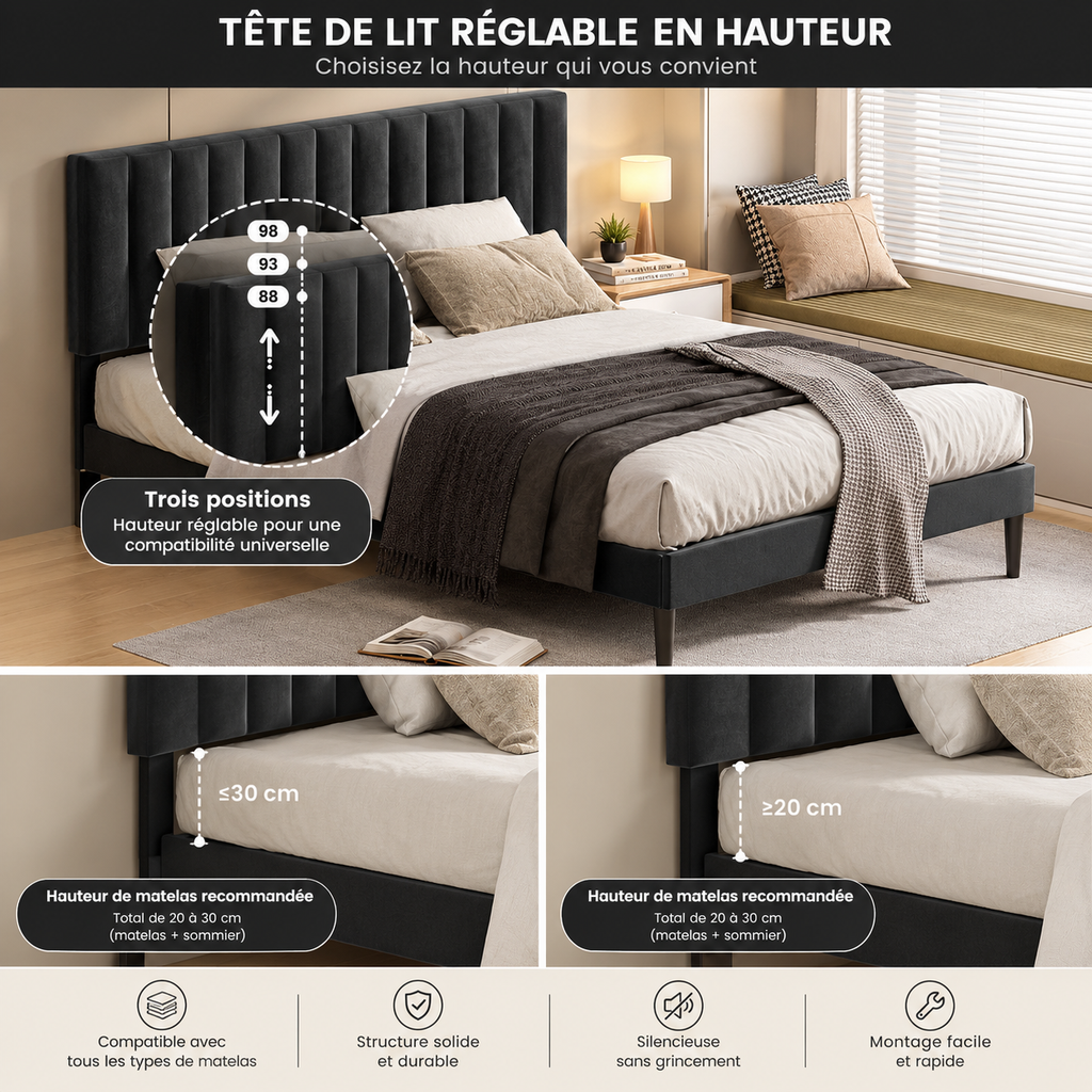Lit double 140 x 200 cm avec tête de lit réglable