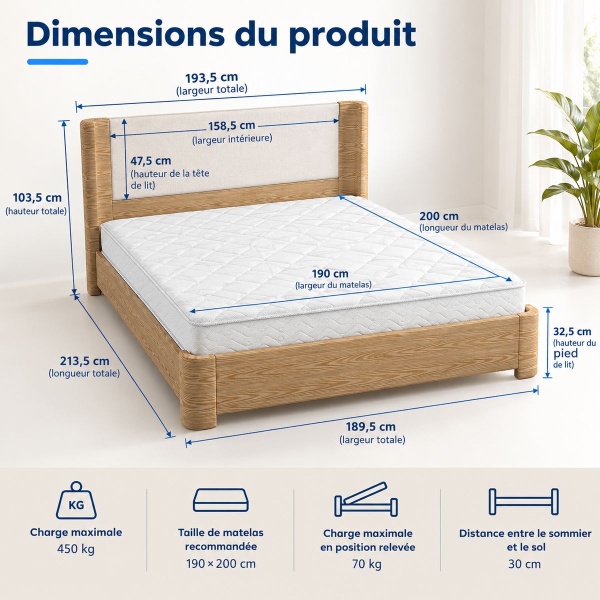 Lit coffre King Size 190 x 200 cm – Éclairage LED, vérins à gaz